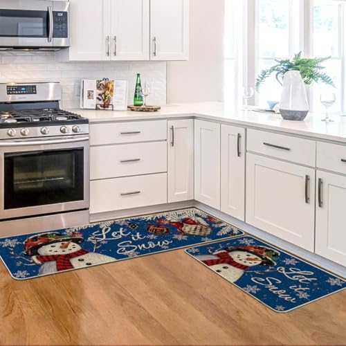 Artoid Mode Blue Let It Snow Snowflake Snowman Winter Kitchen Mats Set of 2, Christmas Decor Low-Profile Kitchen Rugs for Floor - 17x29 and 17x47 Inch