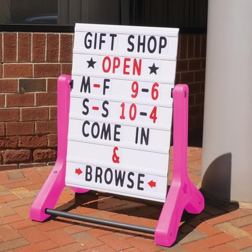 Swinging Changeable Message Sidewalk Sign 24″ x 36″ – Outdoor Advertising Sign Board with 792 Pre-Cut Double-Sided Letters & Storage Box – Heavy-Duty, Rust-Resistant Sidewalk Display for Businesses & Events (Pink Legs)