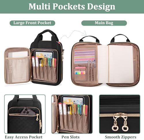 Teamoy Journal Supplies Storage Case, Planner Bag with Pen Slots, Black