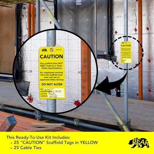 BearTOOLS Scaffold Tags Safety Inspection Kit with Cable Ties - Caution Scaffold Status Warning Sign - Laminated 3 x 6 in, Pack of 25 - Weatherproof, Tear-Resistant - Yellow Tags