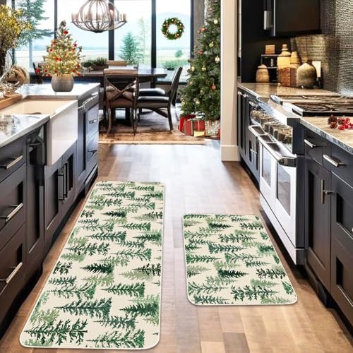 JarThenaAMCS Christmas Kitchen Mat Set of 2 Watercolor Cedar Forest Kitchen Floor Mats Winter Trees Non-Slip Door Rugs for Xmas Holiday Home Entrance Decor
