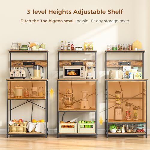 VUSIGN Kitchen Bakers Rack with Power Outlet, 4 Tiers Microwave Stand with Storage, 23.6 Inch Coffee Bar Station with 6 S Hooks, Adjustable Shelf Rack for Pots/Pans/Spices, Rustic Brown