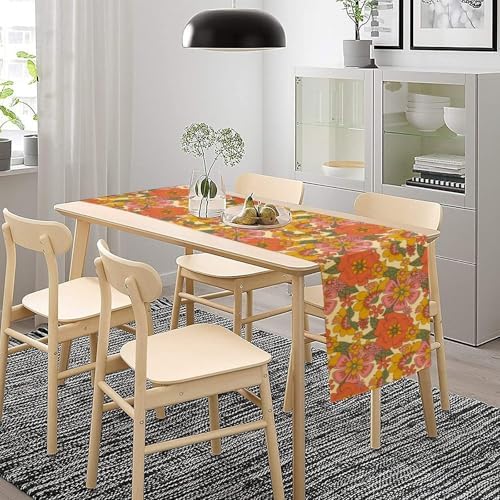 Retro 70s Floral Table Runner Hippie Daisy Flower Peace Love Birthday Party Retro Kitchen Dinning Home Decoration 13x90 Inch