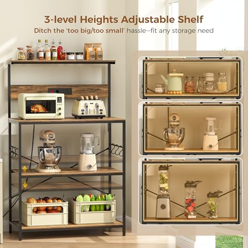 VUSIGN Kitchen Bakers Rack with Power Outlet, 31.5 Inch Coffee Bar Station with 6 S Hooks, 4 Tiers Microwave Stand with Storage, Kitchen Stand for Pots/Pans/Spices, Rustic Brown