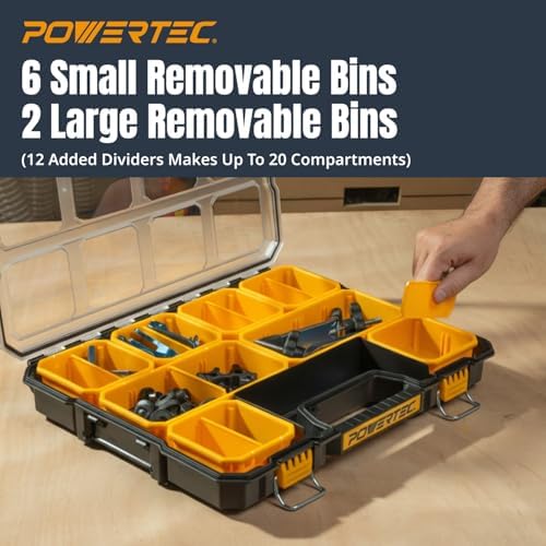 POWERTEC Small Parts Organizer & Tool Box – 20 Compartments, IP65 Water & Dust Protection, Stackable Storage with Interlocking Latch, Removable Bin, Dividers, Clear Lid, Portable Design (72366)