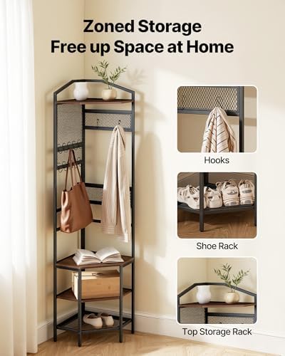 VEVOR Corner Hall Tree, 71.3 in Coat Rack with Hooks, Top Shelf & Steel Frame, Freestanding Clothes Shoes Rack Storage Organizer with Anti-Tip Set, Adjustable Non-Slip Feet for Entrance Closet Office