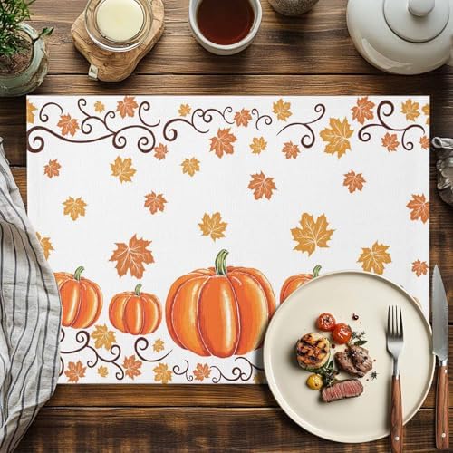 Fall Maple Leaves Placemats Set of 6, Thanksgiving Watercolor Pumpkins Heat Resistant Washable Table Place Mats Orange Cotton Table Linens Party Holiday Decor for Home Kitchen Dining Outdoor Indoor,