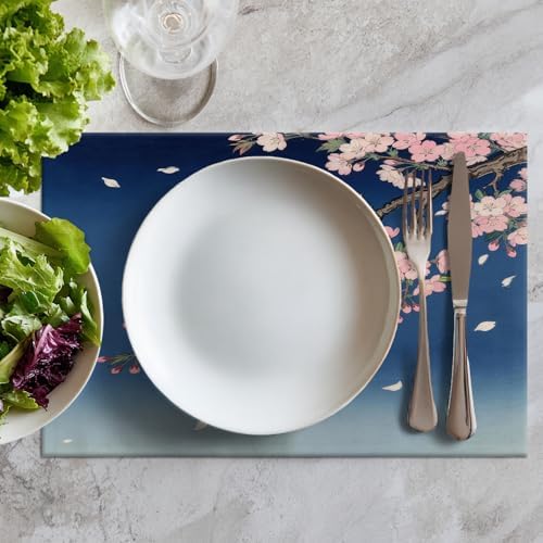 Batmerry Retro Japanese Cherry Blossom Linen Placemats Set of 6, Deep Indigo Flowers Washable Table Mats for Kitchen Table Thickened Heat Insulation Dining Set Indoor Outdoor 12X18 in