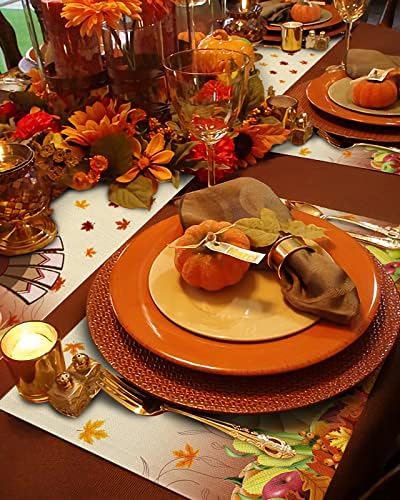 Vandarllin Thanksgiving Turkey Placemats Set of 6, Fall Leaf Autumn Harvest Pumpkin Cotton Linen Stain Resistant Table Mats Washable Placemat Decoration for Kitchen Dining Table,Yellow