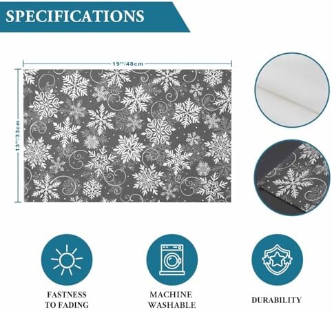 Christmas Placemat 1PC, Grey White Snowflakes Pattern Heat Resistant Washable Table Place Mats Winter Cotton Table Linens Party Holiday Decor for Kitchen Dining Outdoor Indoor