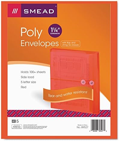 Smead Poly Envelope, 1-1/4" Expansion, String-Tie Closure, Side Load, Letter Size, Red, 5 per Pack (89527)