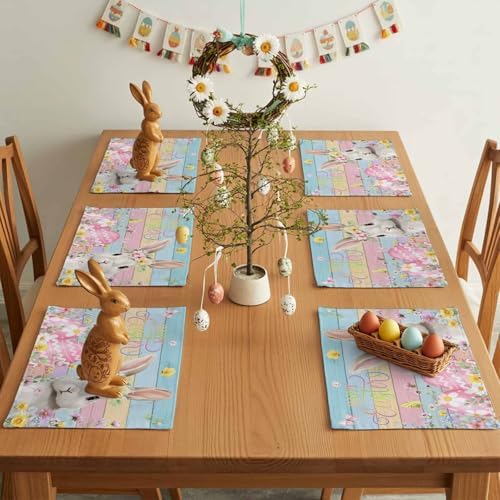 Easter Placemats Set of 6, Bunny Eggs Place Mats Washable Dining Table Mats Spring Holiday Party Decor for Kitchen&Linens Outdoor Indoor, Spring Floral Leaves Carrot Color Wood