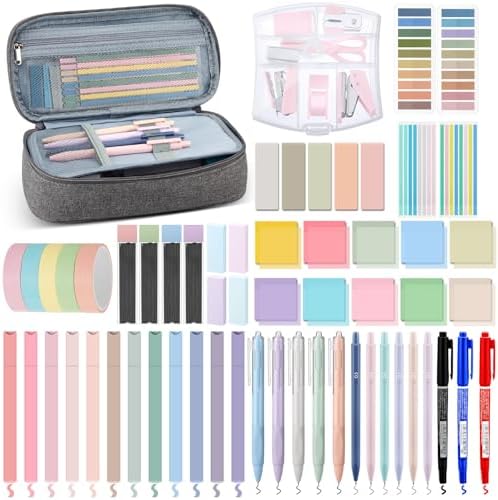Sinload 60 Pcs Aesthetic Book Annotation Kit Gray Pencil Case with Highlighter Gel Pen Mechanical Pencil Magnetic Bookmarks Transparent Sticky Note Tabs Mini Office Supplies