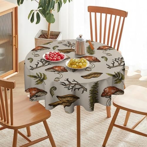Vintage Woodland Mushroom Tablecloth, Nature Forest Plants Botanical Ferns Print Table Cloth for Farmhouse Kitchen Party Picnic Dinner Decor, 70x70in