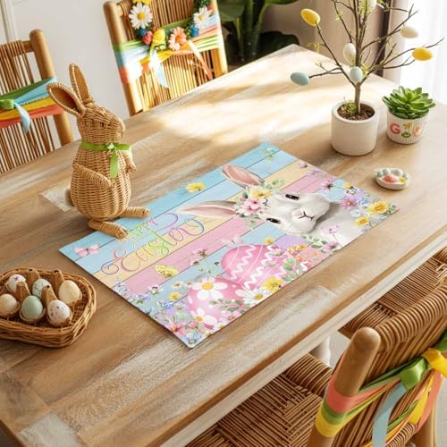 Easter Placemats Set of 6, Bunny Eggs Place Mats Washable Dining Table Mats Spring Holiday Party Decor for Kitchen&Linens Outdoor Indoor, Spring Floral Leaves Carrot Color Wood