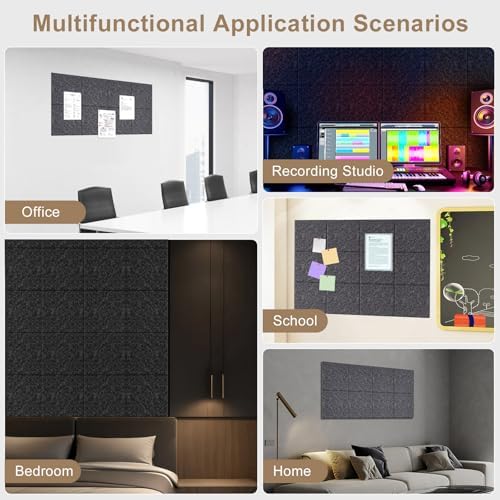 Large Felt Bulletin Board 48" x 36" Self Adhesive Cork Board Alternative 12 Pack Felt Wall Tiles Cork Boards For Walls Thick Slat Wall Panels For Home Office Classroom Decor Pin Board-Black