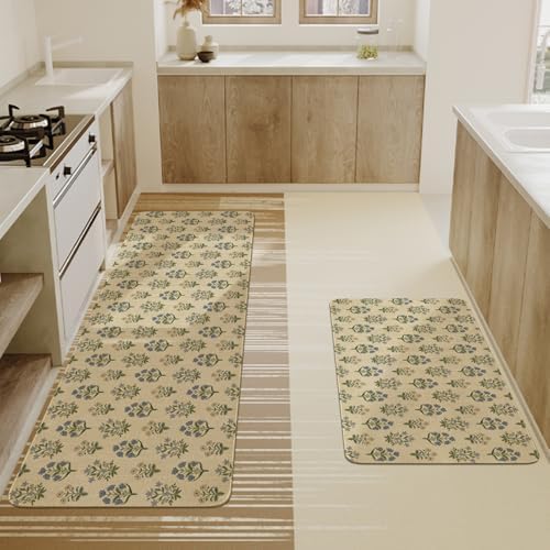 Spring Summer Farmhouse Kitchen Rugs and Mats Set of 2,Blue Green Vintage Boho Floral Farmhouse Non Slip Washable Floor Sink Mats Decorations for Home Kitchen 18"x48"+18"x30"