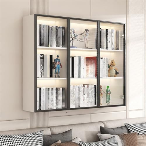 Wall Hanging Lateral Filing/Vertical Timber Wall Unit Transparent Glass Door Shelf Wall-Mounted Wood Bookcase Action Figure Model Storage Cabinet Display Case Warm White 47" L x 10" W x 38" H