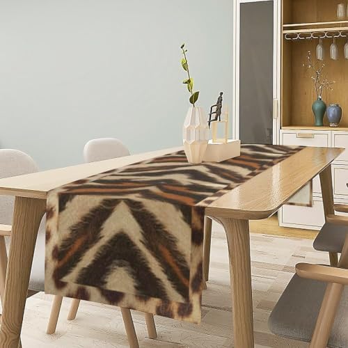 Tiger Animal Skin Print Table Runner, Rustic Cottage Country Farm Animal Fur Skin Pattern Western Style Black Brown Print Dinner Runner for Home Kitchen Dining Table Decoration 13"x60"