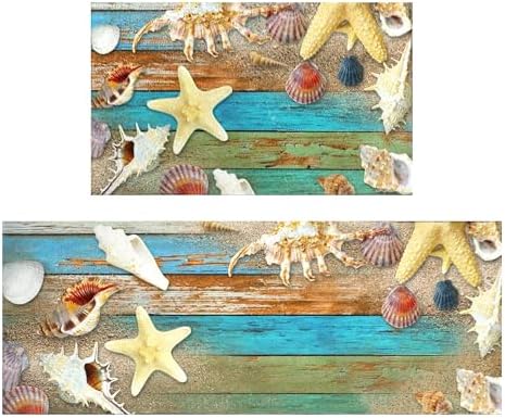 Beach and Nautical Kitchen Rugs for Floor 2 Piece Set, Wood Grain Ocean Coastal Beach Kitchen Rug, Nautical Kitchen Mat in Front of Sink for Standing for Kitchen Decor 17"X30"+17"X47"