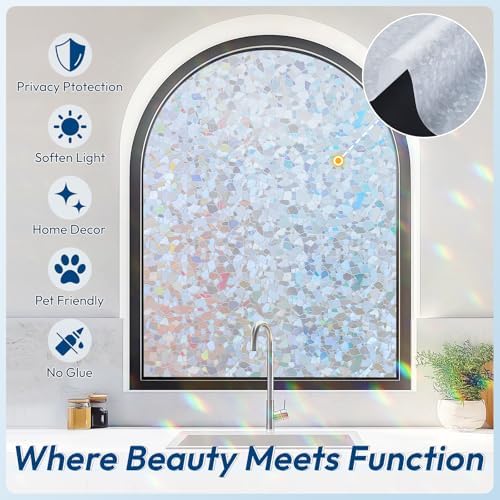 rabbitgoo Rainbow Window Privacy Film Decorative Stained Glass Diamond Pattern Window Sticker with Iridescent Tint Non-Adhesive Static Cling for Home Office Crystal Pattern, 17.5 x78.7 inch
