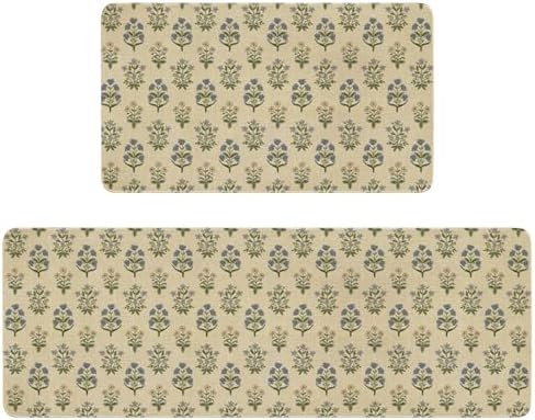 Spring Summer Farmhouse Kitchen Rugs and Mats Set of 2,Blue Green Vintage Boho Floral Farmhouse Non Slip Washable Floor Sink Mats Decorations for Home Kitchen 18"x48"+18"x30"
