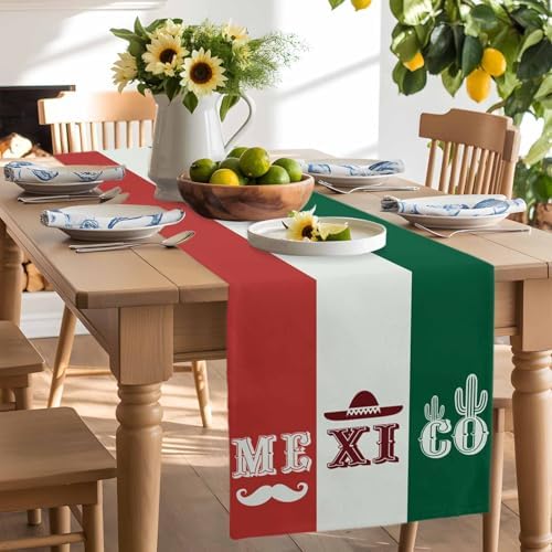 Mexico Flag Table Runner Dresser Scarf 13 x 72 Inch Green Red Color Cactus Hat Striped Modern Table Runners Non-Slip Heat Resistant Kitchen Dining Table Decor for Home Holidays Indoor Outdoor
