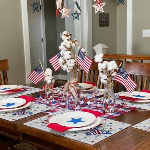 4th of July Placemats Set of 6, Patriotic Star Butterfly Heat Resistant Washable Dining Table Mats Summer Farmhouse Decor for Kitchen&Table Linens Outdoor Indoor, Eucalyptus Leaves Grey Buffalo Plaid