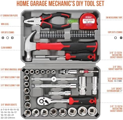 Hi-Spec Home Garage Mechanics DIY Tool Kit Metric Sockets Ratchet Wrench