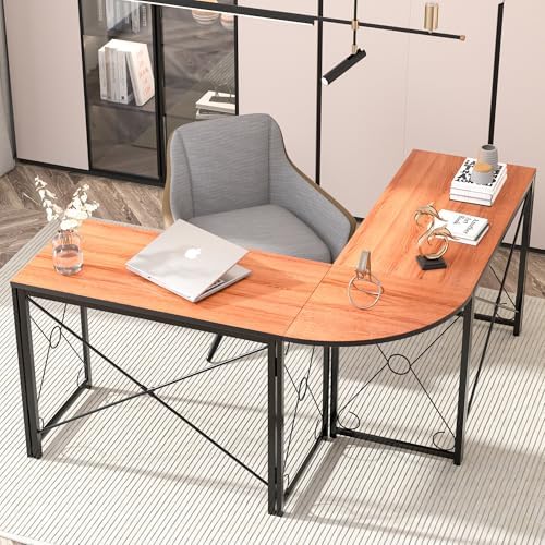 VECELO 59" L Shaped Computer Desk, Corner Computer Desk, Sturdy Home Office Computer Table for Small Space, Writing Desk, Larger Gaming Desk Workstation,Brown