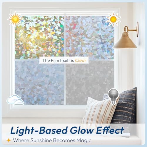 rabbitgoo Rainbow Window Privacy Film Decorative Stained Glass Diamond Pattern Window Sticker with Iridescent Tint Non-Adhesive Static Cling for Home Office Crystal Pattern, 23.6 x 78.7 inch