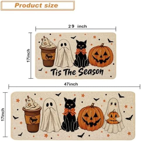 Baccessor Halloween Ghost Kitchen Rugs Set of 2,Tis The Season Spooky Pumpkin Black Cat Mat Rug Indoor Outdoor Low-Profile Non Slip Absorbent Floor Mats for Home Holiday Decor 17x29 and 17x47 Inch