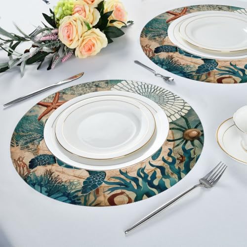 Ocean Turtle Round Placemats Set of 4, Washable Non-Slip Table Mat
