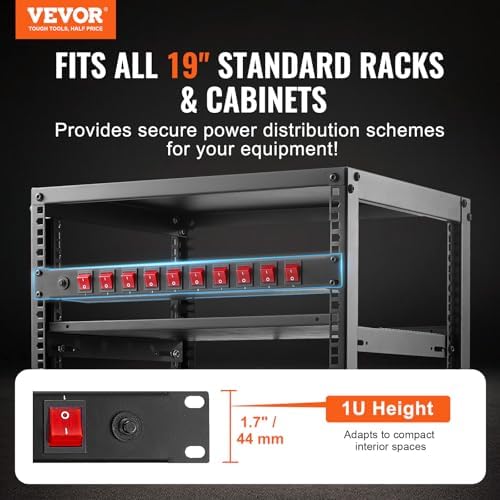 VEVOR 10 Outlet Horizontal 1U Rack Mount PDU Power Strip for Network Server Racks, 10 Individual Led Switches Surge Protection & Overload Protection, 110-125V/15A, with 6ft 14AWG Power Cord