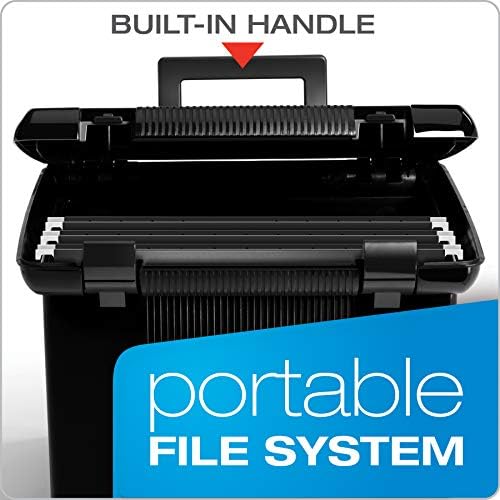 Pendaflex Portable File Box with File Rails, Simple Document Storage, File Bin for Home and Office, Hinged Lid with Double Latch Closure, Black, 3 Black Letter Size Hanging Folders Included (41742AMZ)