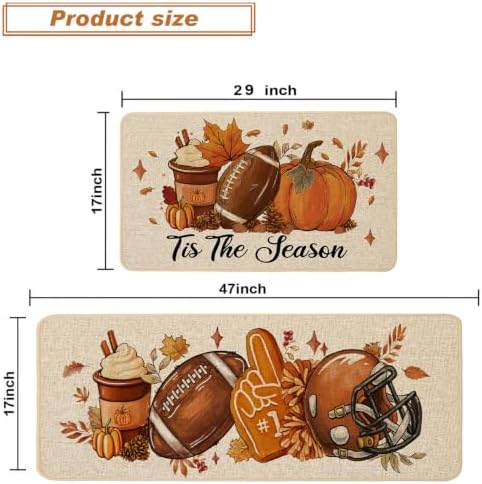 Baccessor Fall Pumpkin Kitchen Rugs Set of 2,Tis The Season Autumn Football Thanksgiving Farmhouse Mats Washable Non Slip Low-Profile Indoor Floor Holiday Hallway Sink Decor 17x29 and 17x47 Inch