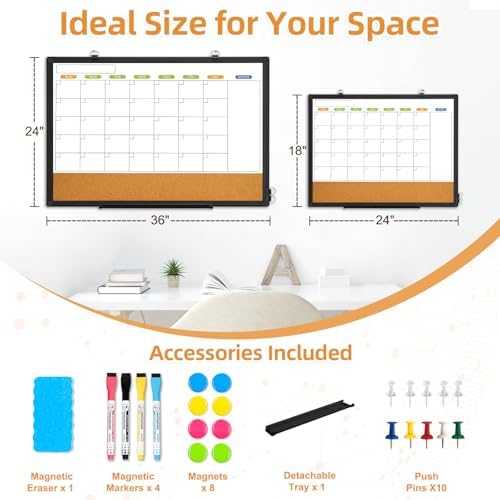 Calendar Whiteboard for Wall, 36" x 24" Dry Erase Month White Board Black
