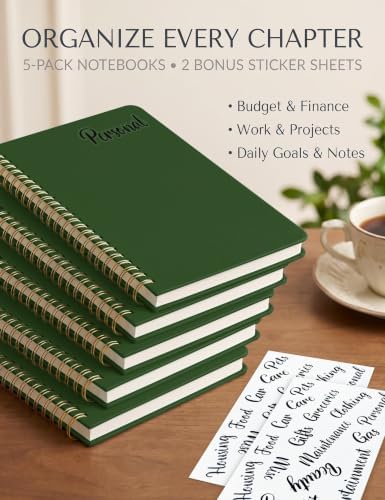 5 Pack Hardcover Spiral Notebooks, 8.3" x 6.3" Lined Journal Set, 100 GSM Bleed-Resistant Paper, 200 Pages Twin-Wire Bound Notebook with Elastic Band & Category Stickers for Office, School
