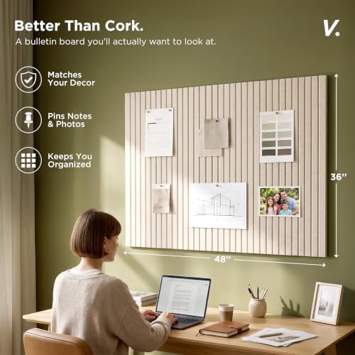 VIVELDA Large Felt Bulletin Board 48 x 36 Inch - 12-Pack Square Acoustic Wall Panels, Cork Board Alternative, NRC 0.95, Damage-Free Adhesive, Slatted Design for Home, Classroom (Limestone)
