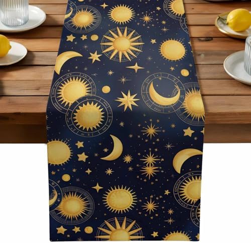 Fantasy Galaxy Table Runner Dresser Scarf 13 x 120 Inch Golden Planet Universe Sun Moon Stars Retro Table Runners Non-Slip Heat Resistant Kitchen Dining Table Decor for Home Holidays Indoor Outdoor