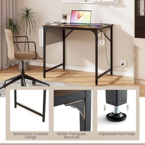 COSTWAY Home Office Desk, 32 Inch Computer Desk with Recessed Power Strip, Storage Bag & Headphone Hook, Wide Desktop, Modern Computer Workstation Writing Table for Home, Office (Rustic Brown + Black)