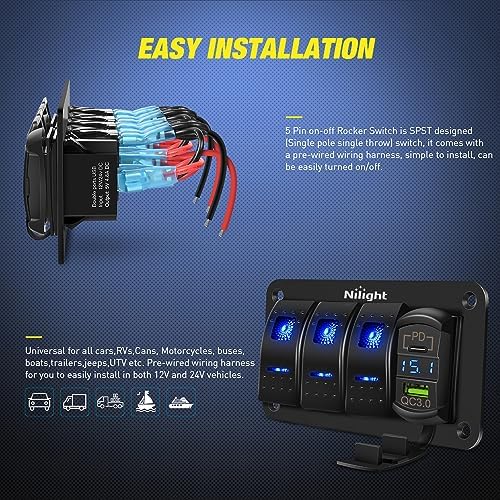 Nilight 3 Gang Rocker Switch Box 12V SPST ON Off PD Type C and QC 3.0 USB Charger Voltmeter Waterproof Aluminum Panel DIY Stickers for Boats Cars RVs Trucks