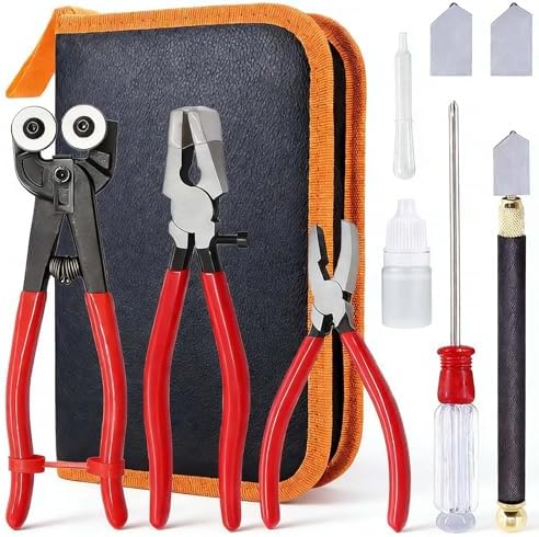 Glass Cutting Tool Kit with Tile Nipper, Glass Cutter,Running Pliers, Breaker Pliers, Replacement Blades, Storage Case for Stained Glass, Tiles, Mosaic, Mirrors