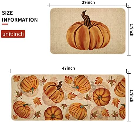 Fall Pumpkin Kitchen Mats Set of 2, Autumn Kitchen Rugs, Non-Slip Absorbent Door Mats, Seasonal Thanksgiving Home Decor Kitchen Floor Mat 17x29 and 17x47 Inch DM087