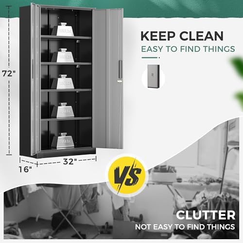 Greenvelly Metal Garage Storage Cabinet with Lock, 72”Metal Storage Cabinet with 2 Doors and 4 Adjustable Shelves, Steel Tool Cabinet for Garage,Home Office, School,Gym (Black Grey)