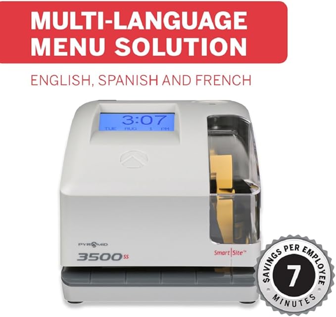 Pyramid Time Systems - 3500SS Employee Automatic Time Clock Bundle | For Payroll Tracking and Attendance Management, With SmartSite Alignment, 25 Time Cards, 1 Ribbon and 2 Security Keys