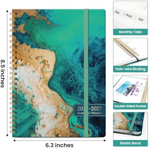 Planner 2026-2027, Jul 2026-Jun 2027 Academic Monthly & Weekly Planner | 6.3" x 8.5" Hardcover Pretty Calendar Planner for Women, Spiral Organizer for School Office Home Supplies, Emerald Shores