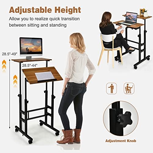 COSTWAY Mobile Standing Desk, Height Adjustable Rolling Laptop Cart w/Tilting Desktop for Standing or Sitting, Lockable Casters, Home Office Computer Workstation for Small Spaces (Brown)