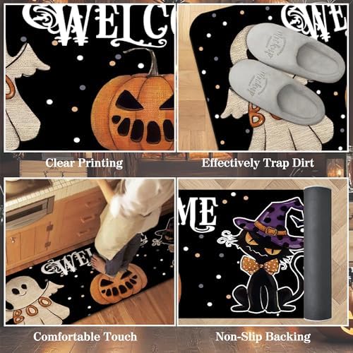 Kitchen Rugs Mat 2 PCS Christmas Halloween Kitchen Rugs Non Slip Washable with 1 PCS Mouse Pad Home Rug Sets Decorations, Ghost Black Cat