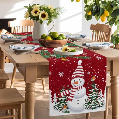 Christmas Cartoon Snowman Table Runner Dresser Scarf 13 x 36 Inch Holly Bird Pine Tree Snow Red Table Runners Non-Slip Heat Resistant Kitchen Dining Table Decor for Winter Holidays Indoor Outdoor